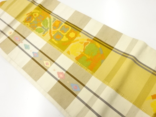 手織り紬格子に草花模様名古屋帯